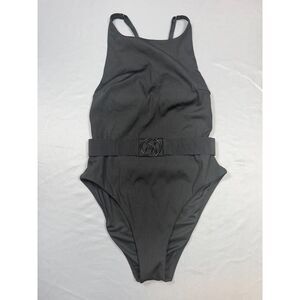 Victoria's Secret Black Ribbed Belted One Piece Swimsuit Small VS Logo Hardware